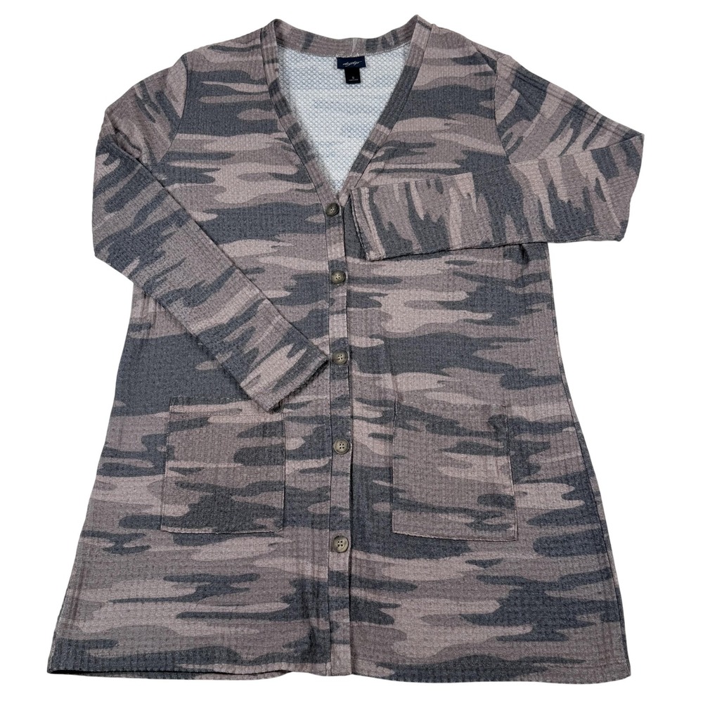 Oversized Cardigan Sweater‎ Small Camo Button Front Waffle Knit Pockets Army